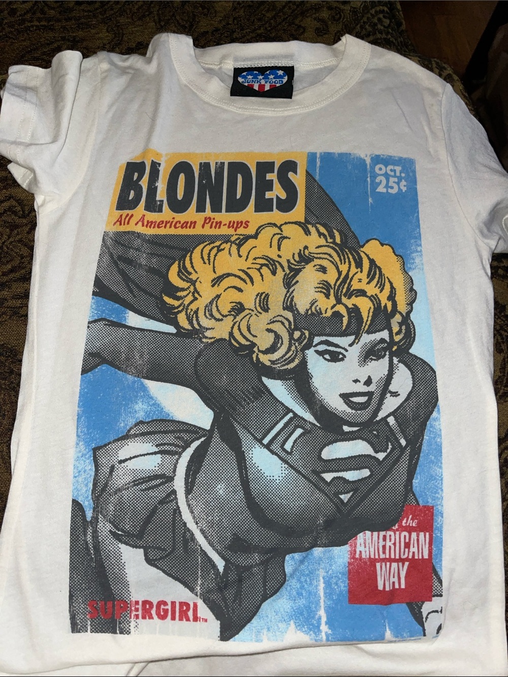 Junk food Supergirl Blondes Graphic Tee - White with Yellow & Blue Print